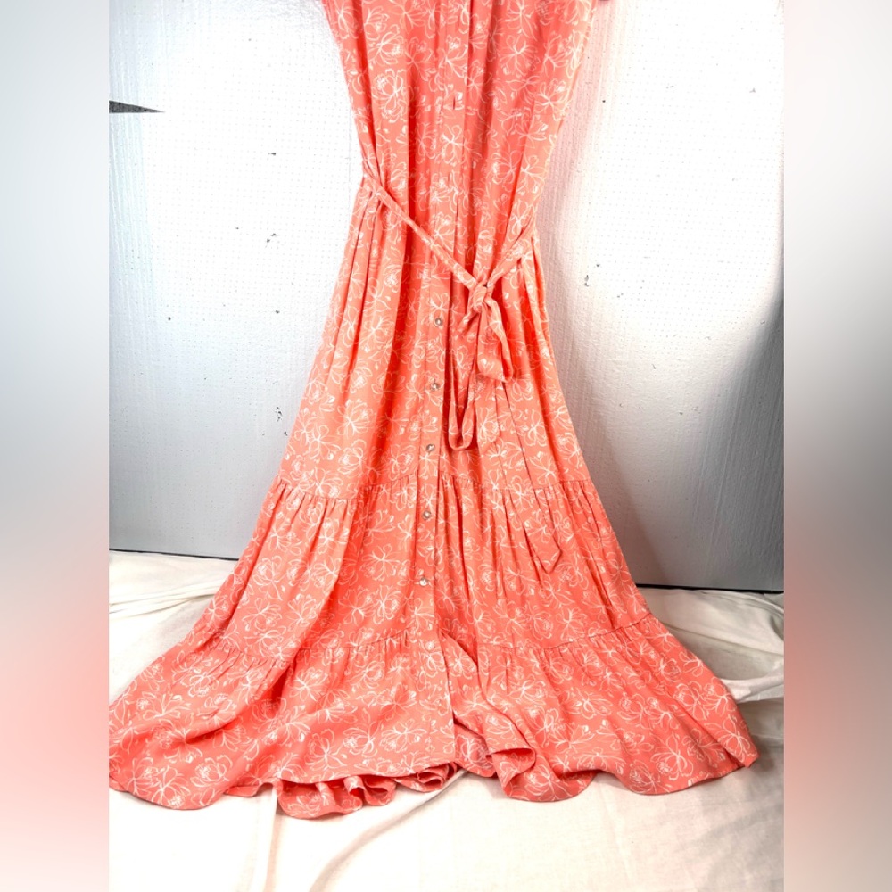 Ann Taylor Factory 16 Bright Peach Floral Sketch Belted Button Down Midi Dress - Picture 4 of 9